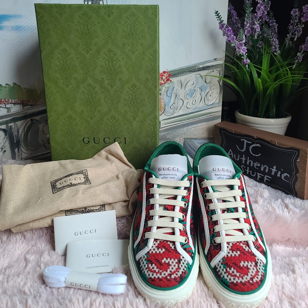 GUCCI Cotton Wool Web ethnic tweed Houndstooth Interlocking G Womens 1977 Tennis